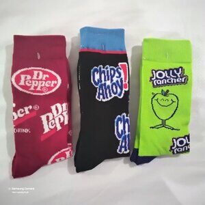 3 Pairs Novelty Crew Socks Dr. Pepper, Chips Ahoy, Jolly Rancher Men Sz 6-12 NWT